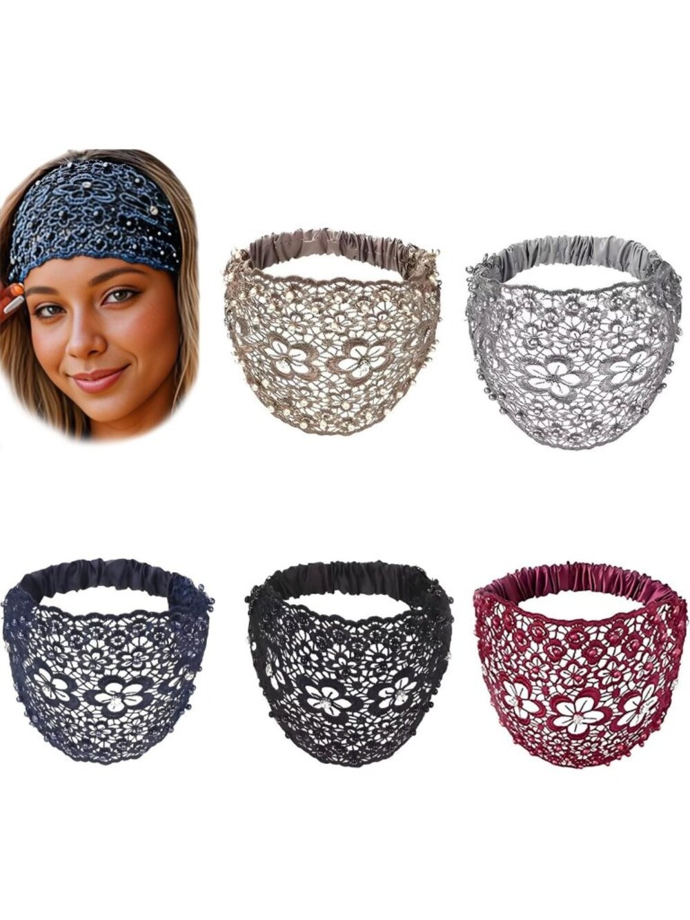 Boho-Chic Lace Headbands Set of 5 | Crystal & Pearl Hair Accessories for